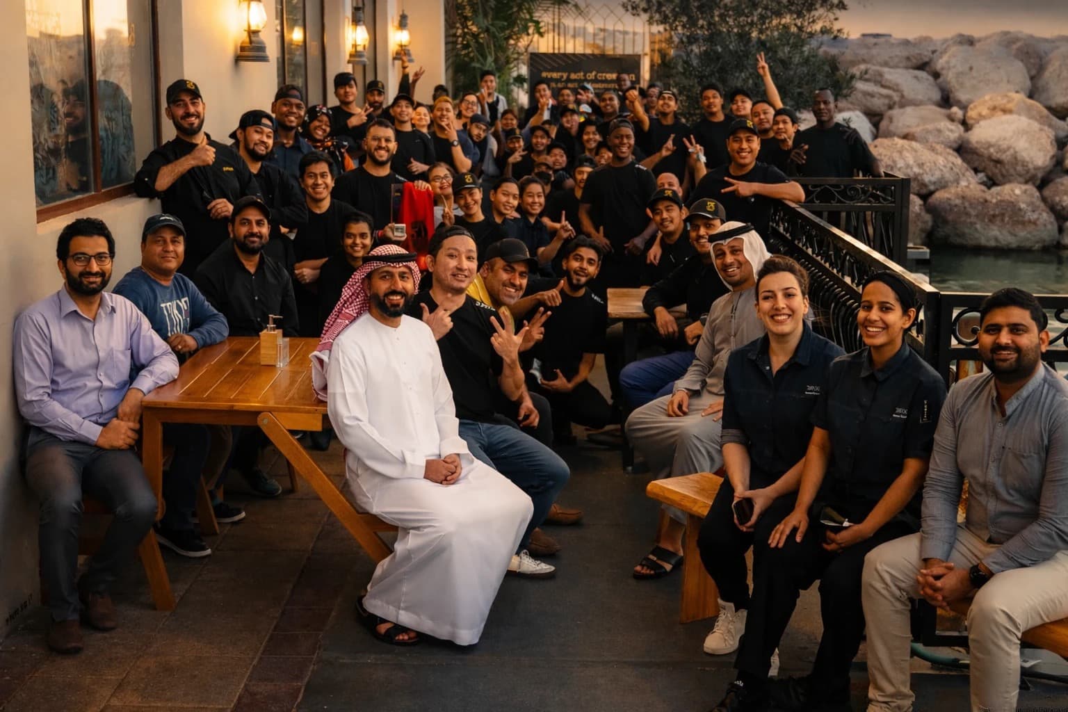 The 3Fils family — the full crew gathered at the harbour