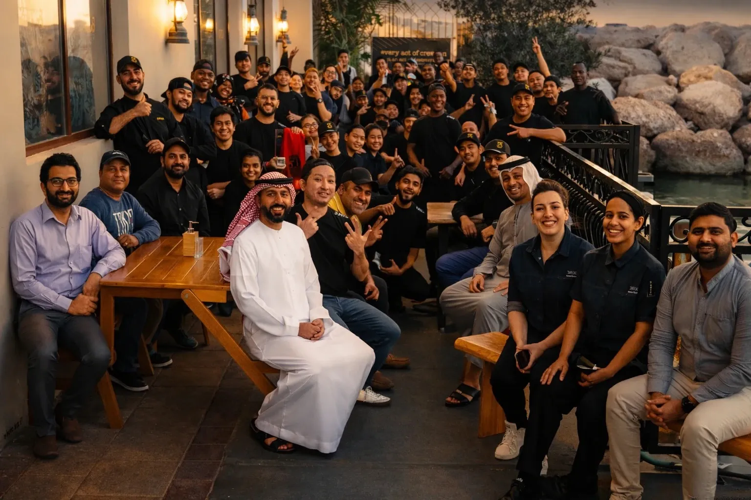 The 3Fils family — the full crew gathered at the harbour